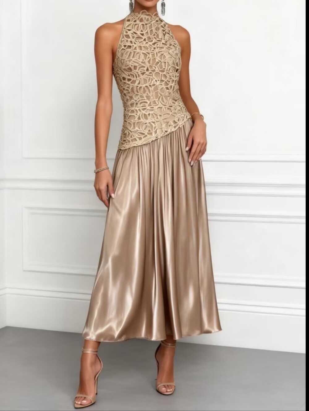 Halter Sleeveless Waist Defined Flared Long Dress Women'S Four Season Elegant Ba